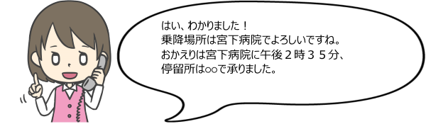 オペレータ:はい、わかりました!乗降場所は宮下病院でよろしいですね。おかえりは宮下病院に午後2時35分、停留所は○○で承りました。